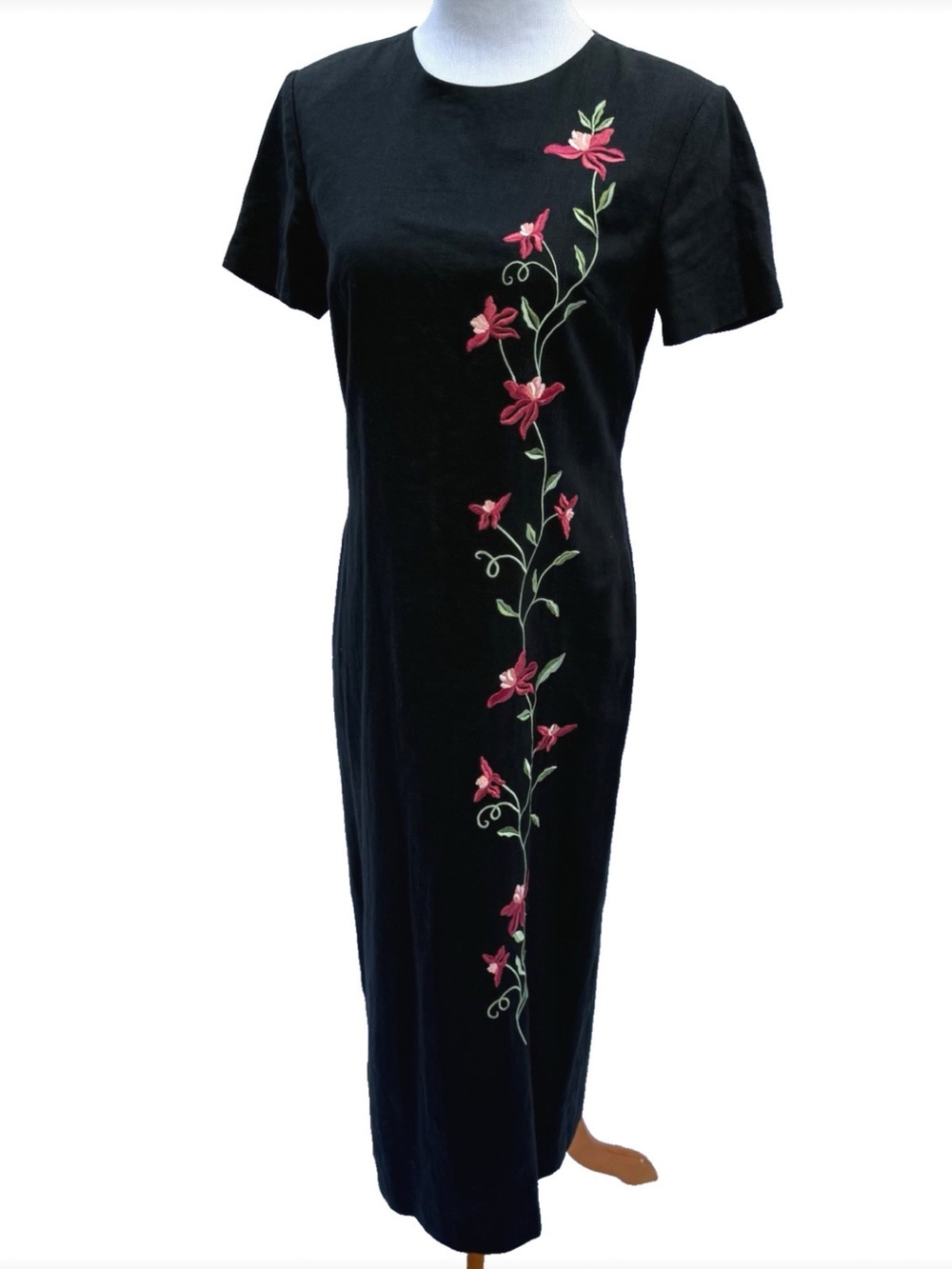 Vintage Black Maxi Dress with Pink Floral Embroidery